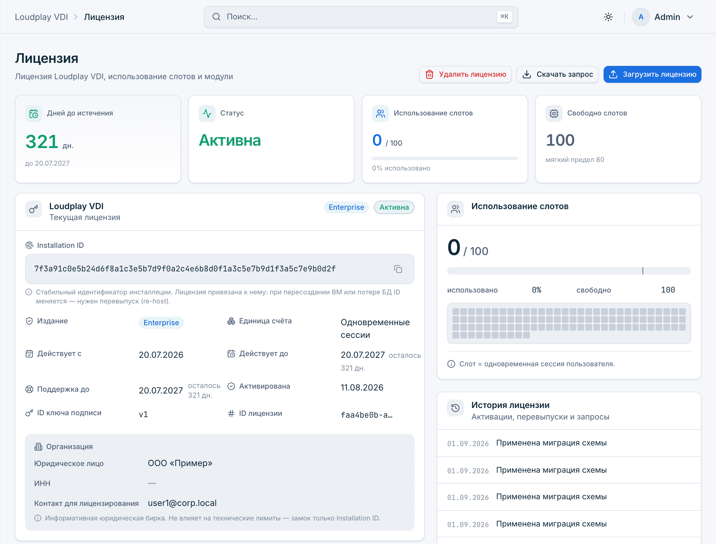 Лицензия Loudplay VDI: издание Enterprise, срок действия, использование слотов
