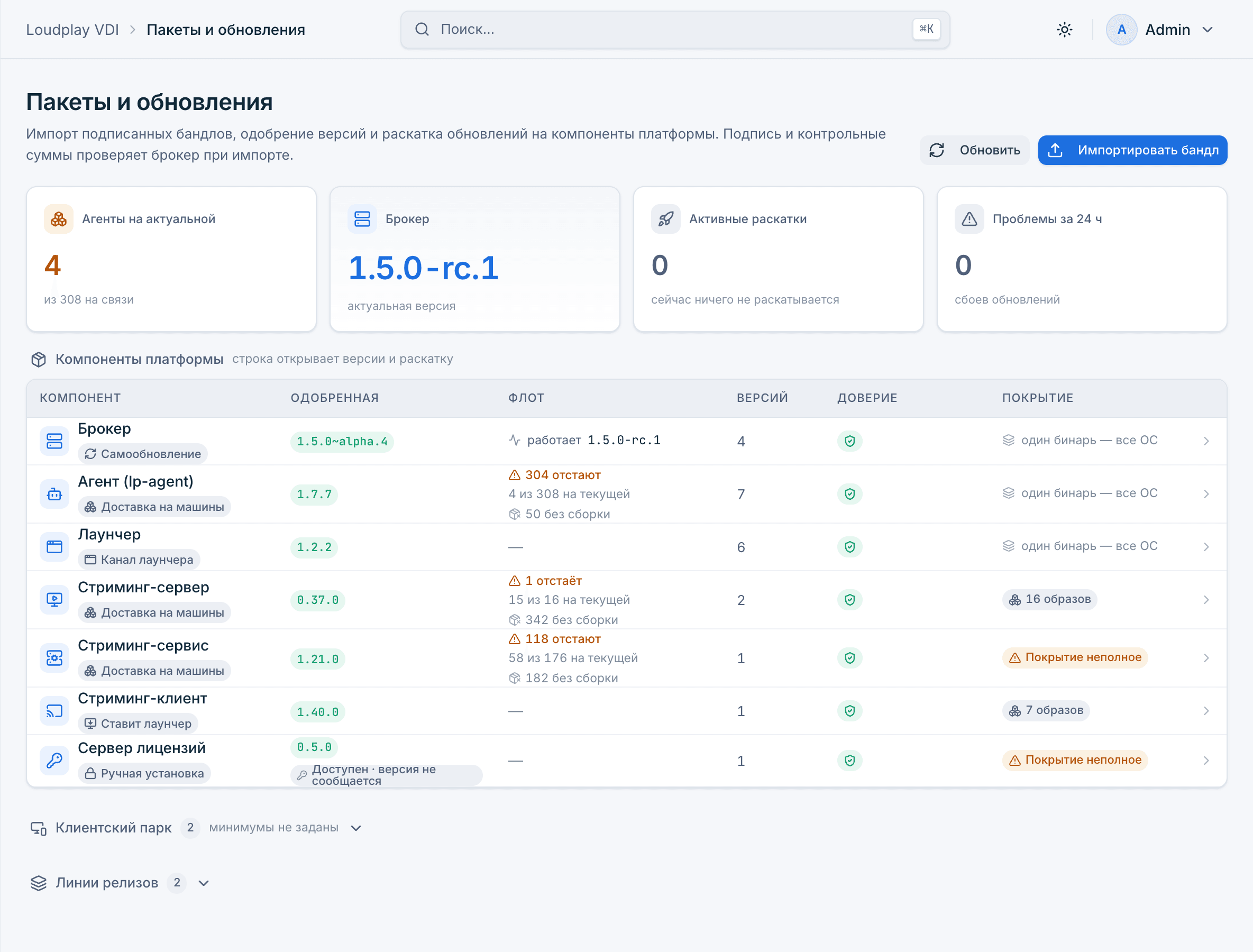 Пакеты и обновления Loudplay VDI: компоненты платформы, одобренные версии, состояние флота